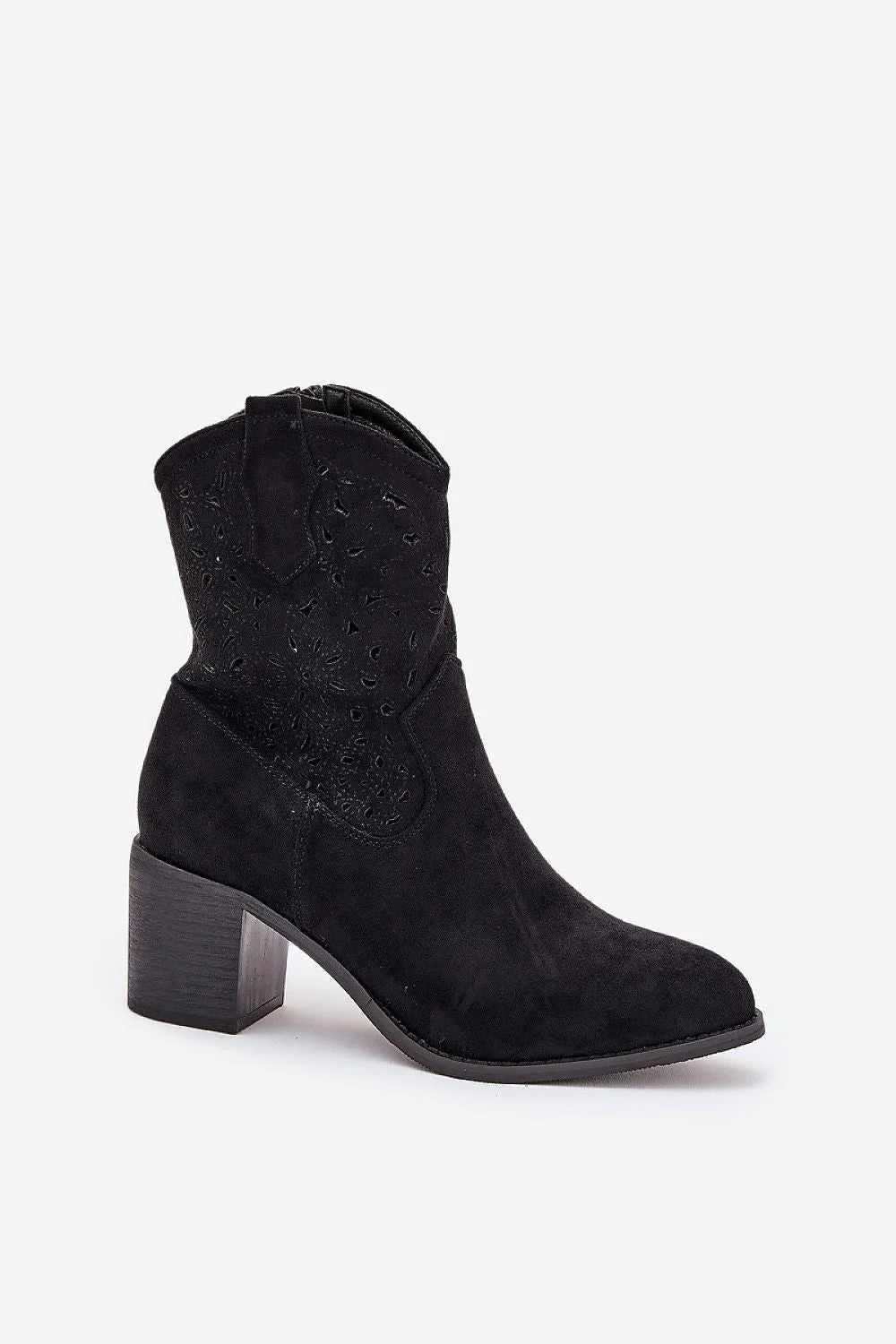 Bottes à talons épaisses en daim perforé style western femme, couleur noire, mi-mollet, fermeture éclair, confortable, mode élégante