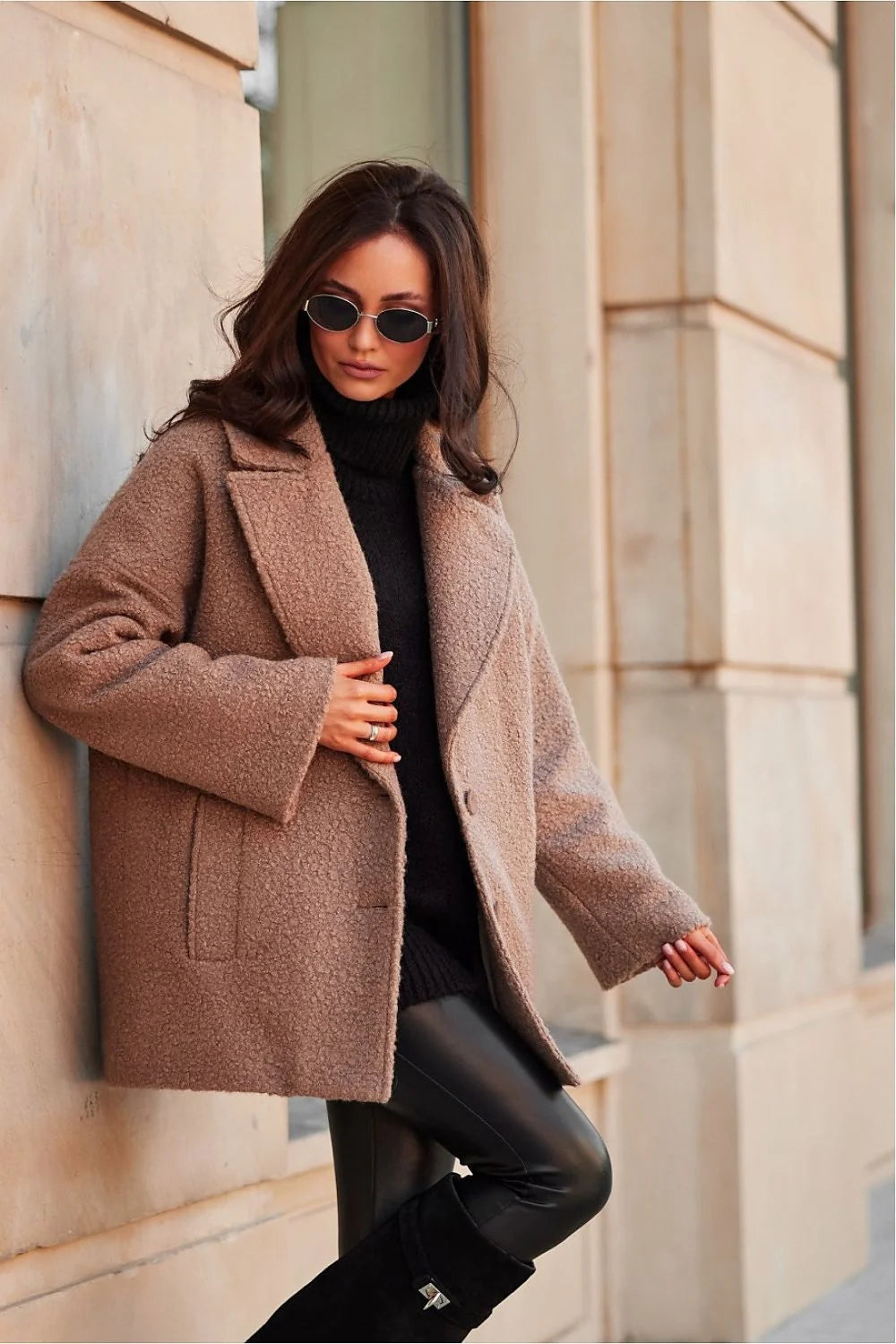 Manteau en laine bouclée brun clair style élégant coupe droite col à revers large femme automne hiver veste mode