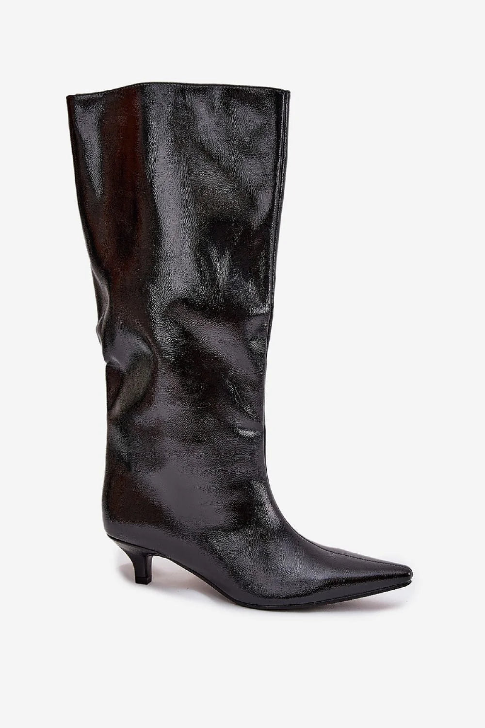 bottes femme mi mollet cuir ecologique verni noir bout pointu silhouette effilee talon bas confortable doublure fourrure fermeture eclair elegante