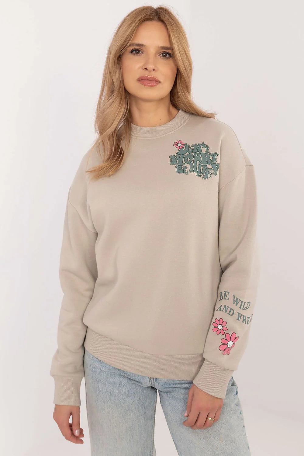 Sweatshirt Sublevel pour femme beige graphiques fleurs manches longues encolure ronde coton polyester