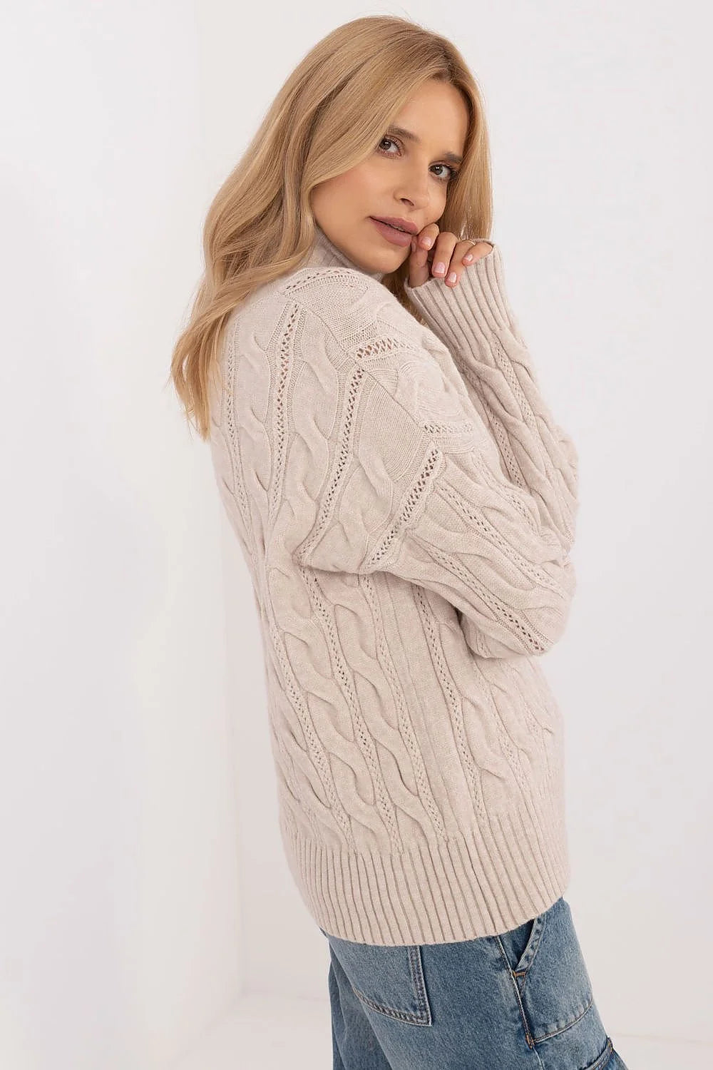 Pull à col roulé en tricot épais motif torsade beige clair pour femme, taille universelle, manches longues, finitions côtelées