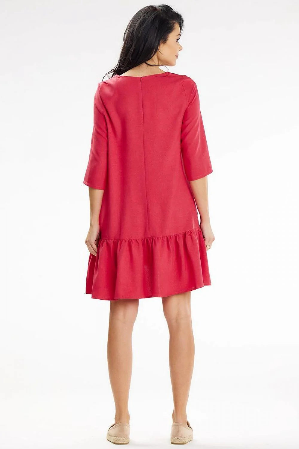 Robe de jour awama féminine en tissu léger rouge vif manches 3/4 coupe ample volant bas femme été