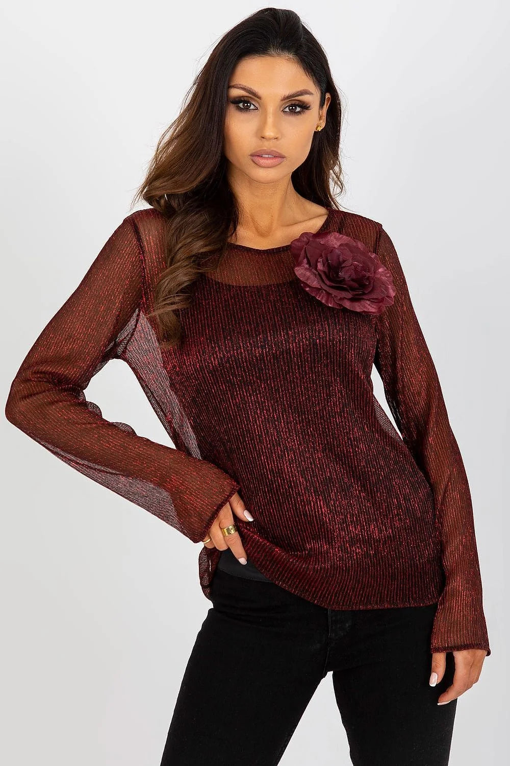 Chemisier Lakerta élégant pour femme en polyester 100% manches longues encolure ronde fleur décorative