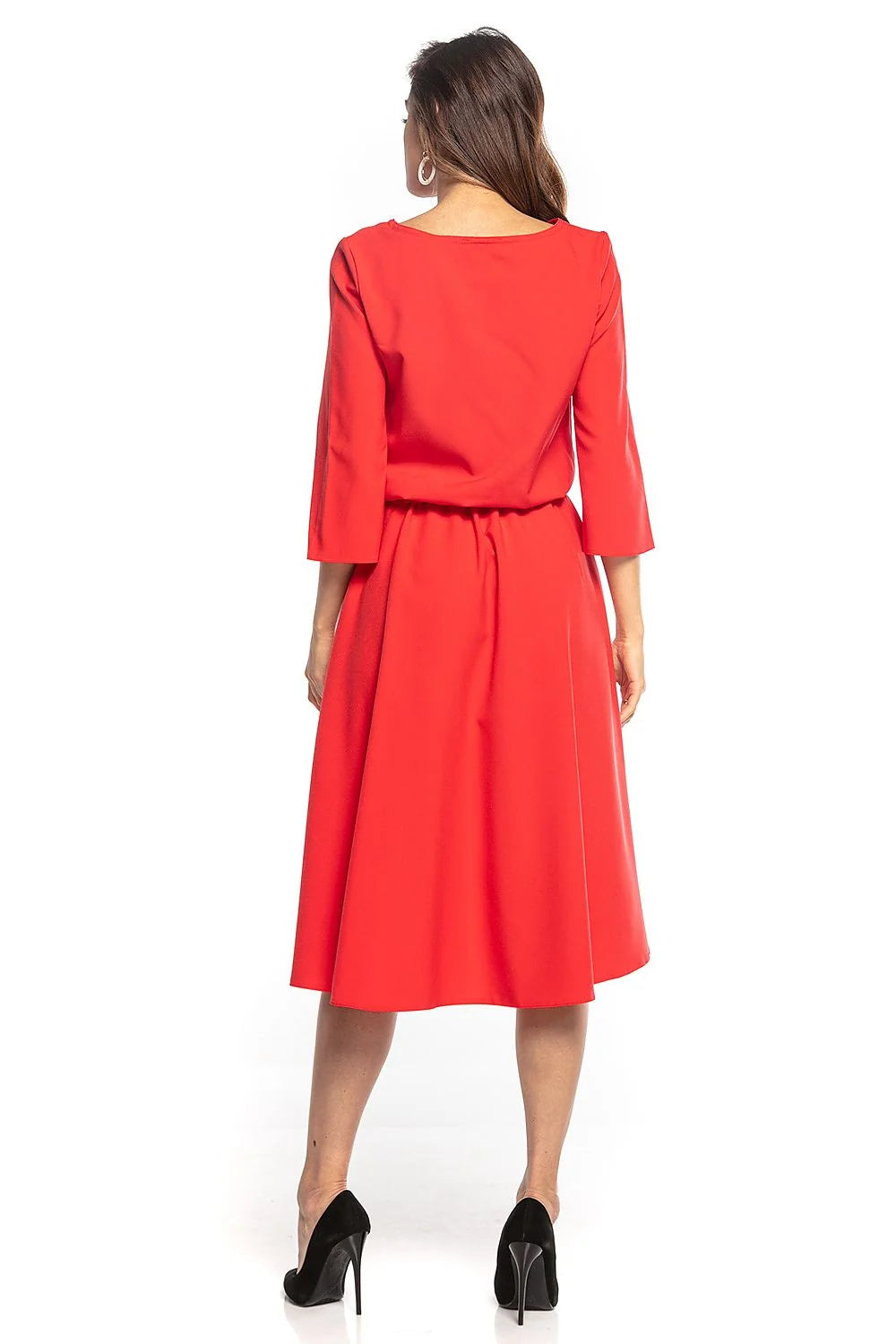 Robe femme polyester élasthanne élégante moderne rouge asymétrique manches longues ceinture intégrée chic événement
