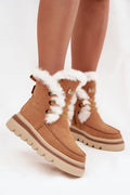 Lee Cooper bottes neige femme daim suédine camel bordure fourrure blanche lacets oeillets zip lateral semelle caoutchouc crantee plateforme 45mm