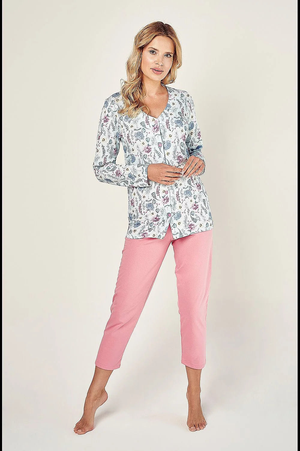 Pyjama Taro pour femme en coton 100% floral motif végétal multicolore manches longues pantalon rose élastique