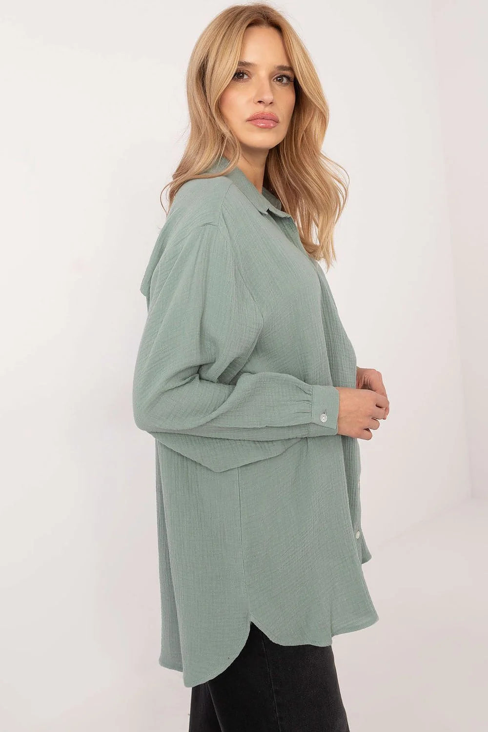 Chemise femme verte longue manches longues puffed coton écologique décontractée mode polyvalente élégance confort tendance