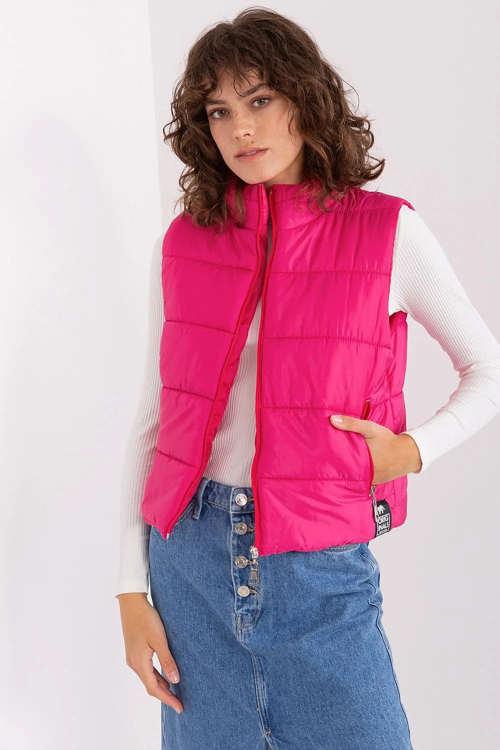 Gilet matelassé pour femme style urbain couleur fuchsia polyester automne hiver sans manches coupe ajustée fermeture éclair poches latérales