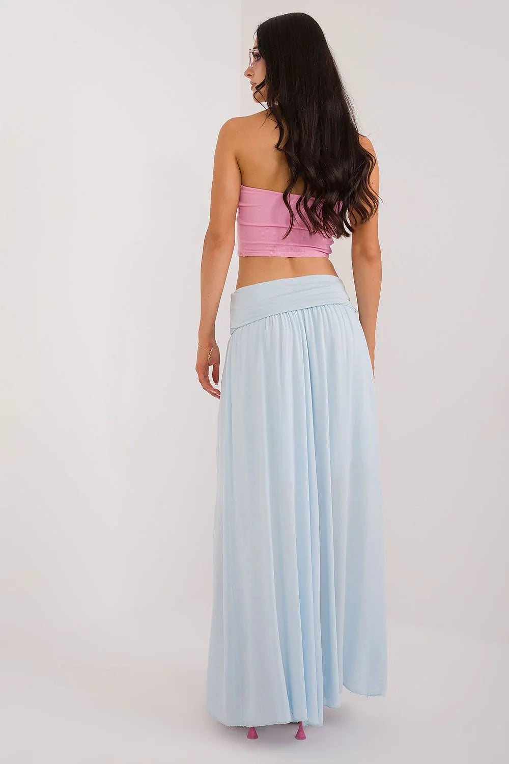 jupe longue maxi viscose doublée bleu pastel taille haute ceinture large évasée fluide drapé léger stretch polyvalente
