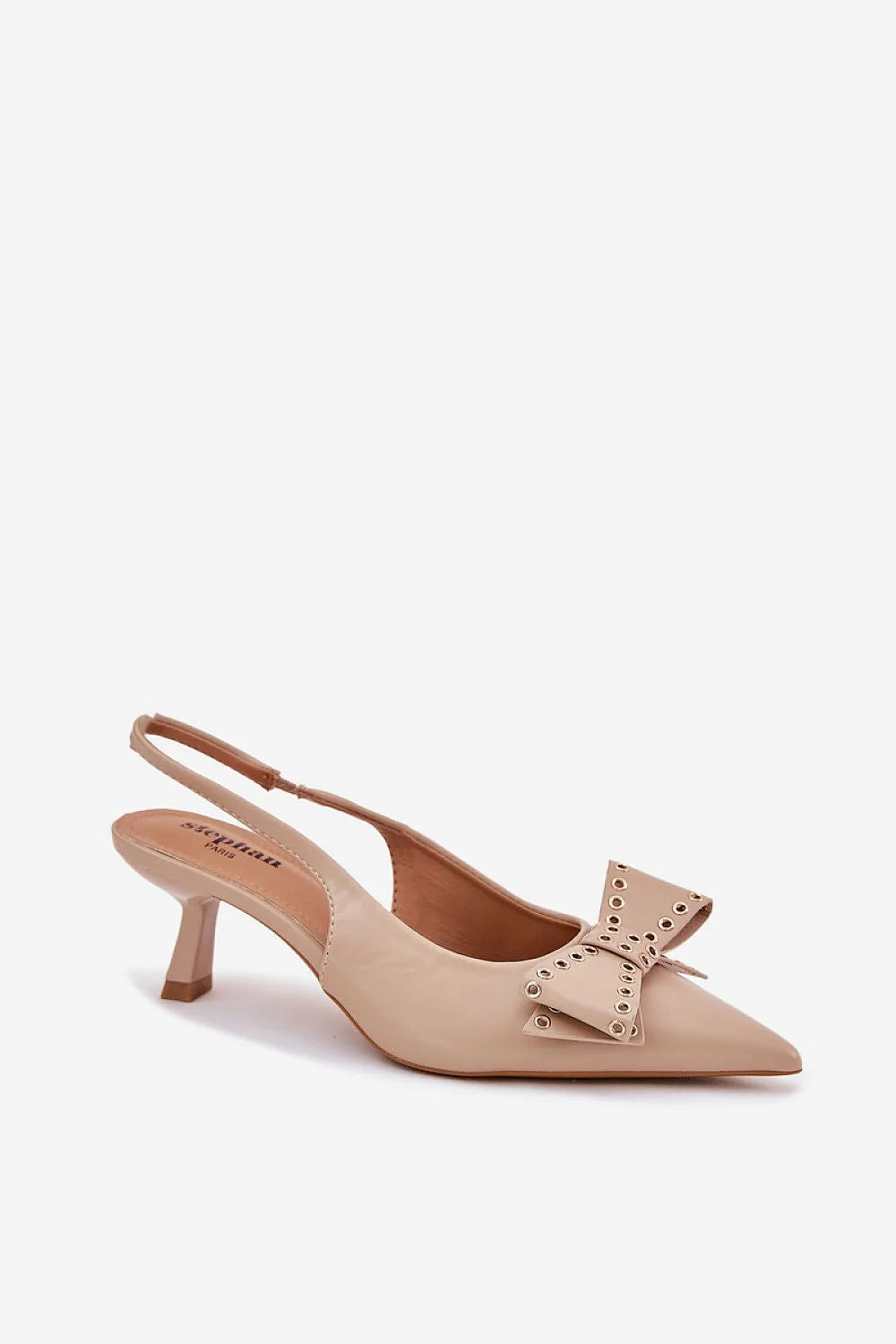 Escarpins slingback élégants cuir beige brillant talons fins pointus nœud doré femmes soirée cérémonie occasion spéciale