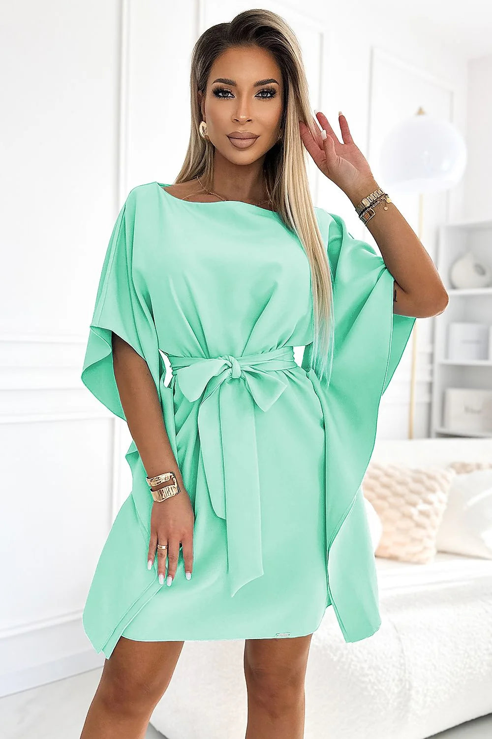 Robe de jour moderne élégante vert menthe manches larges ceinture nouée Numoco polyester 95% élasthanne 5% femmes S/M L/XL 2XL/3XL