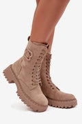 bottines femme montantes style worker urbain suédine taupe nude lacets fermeture éclair plateforme crantée antidérapante semelle talon bloc doublure douce