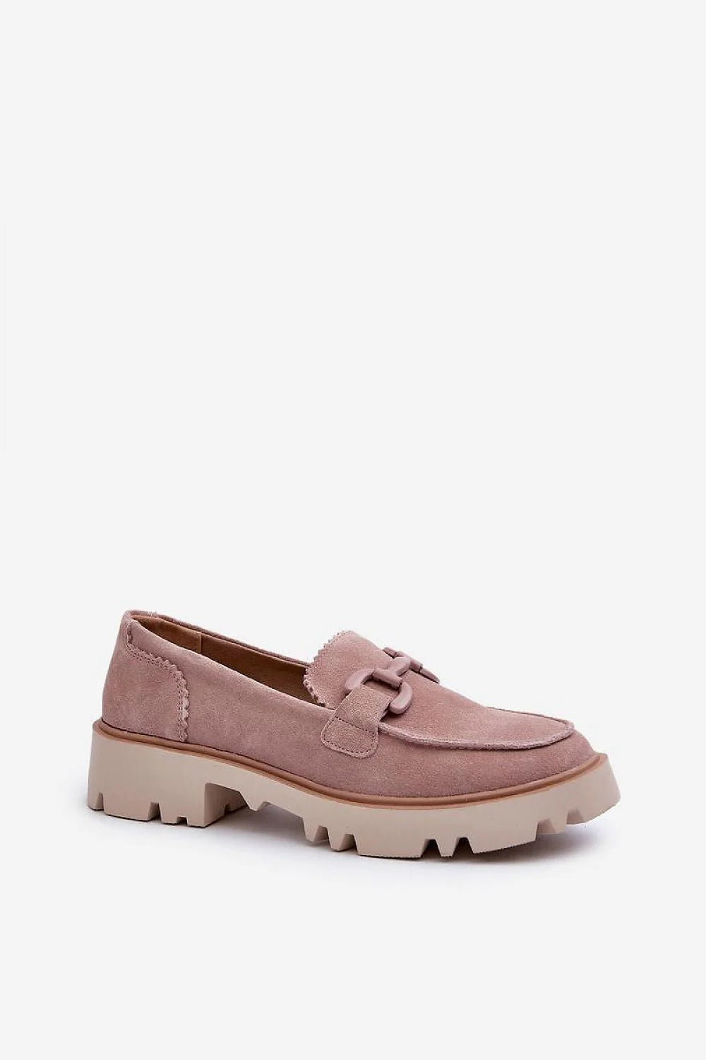 mocassins femmes élégants daim rose poudré luxueux confortables semelle crantée beige plateforme légère mors métallique couture festonnée maintien structuré chic