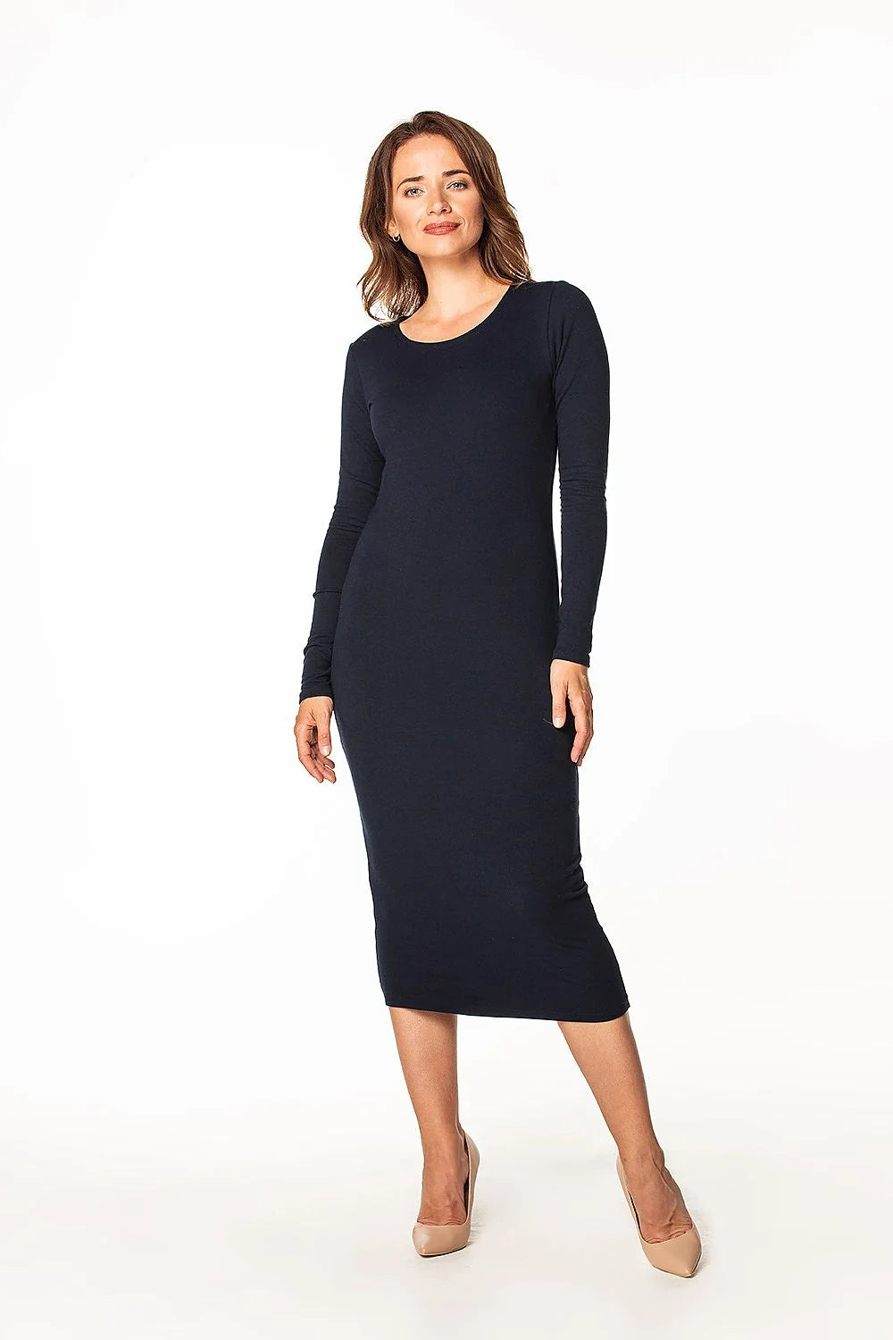 robe fourreau ajustée midi manches longues col rond jersey extensible bleu marine minimaliste épurée confortable coupe près corps