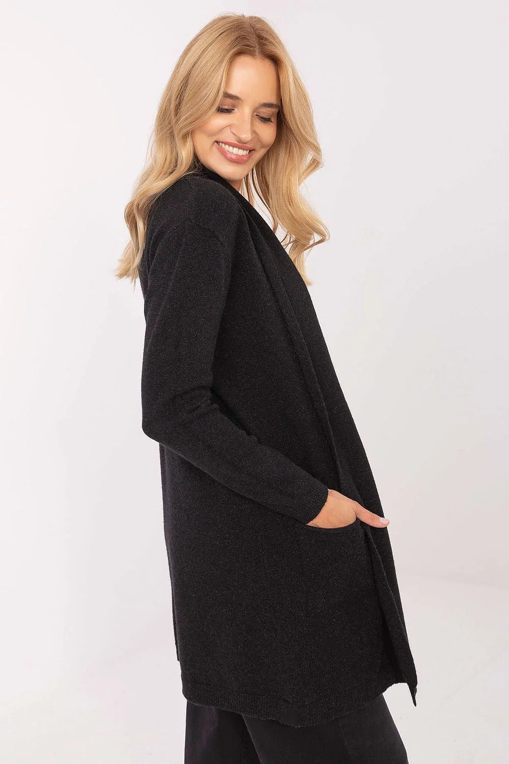 cardigan long noir maille douce col châle manches longues poches invisibles coupe droite mi cuisses viscose modal nylon