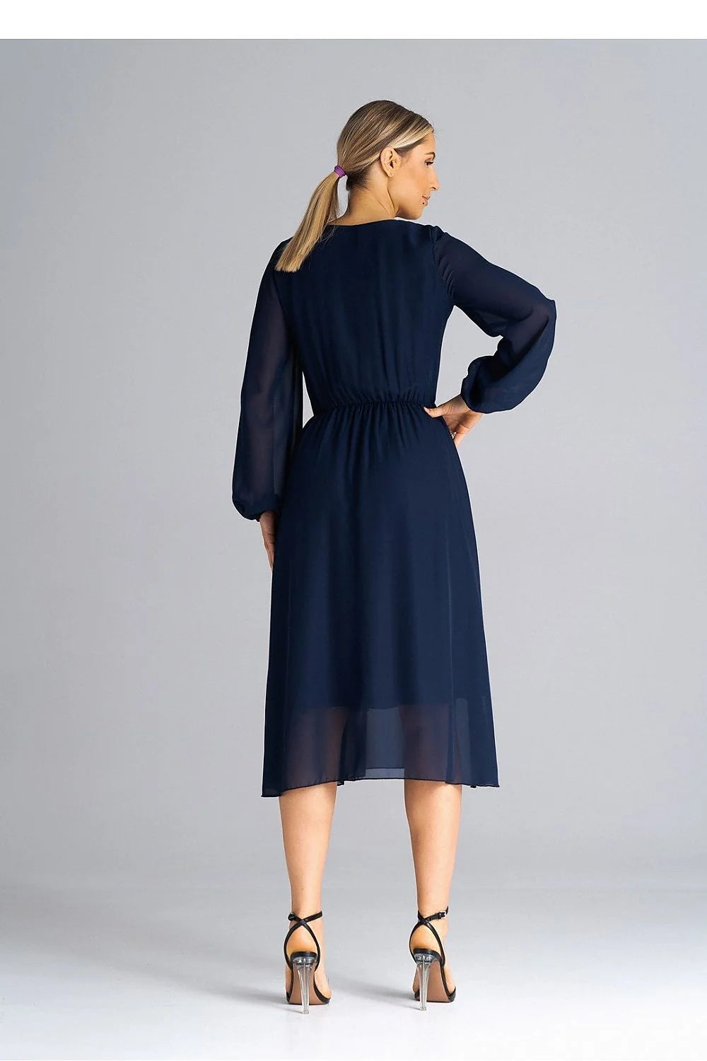 Robe de jour élégante en georgette bleu marine manches longues encolure V taille ajustable pour femme