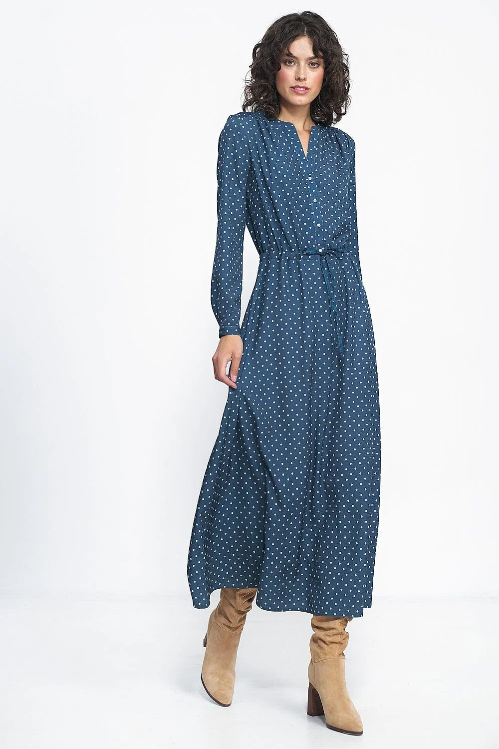 Robe de jour élégante longue manches longues style romantique pois bleu foncé taille ajustable femme