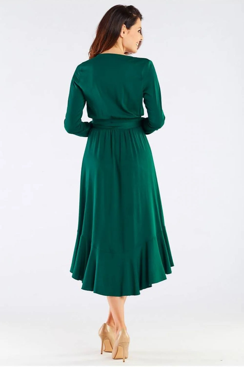 robe cocktail élégante viscose bordeaux portefeuille midi cintrée ceinture intégrée manches longues asymétrique volants cascade ourlet fluide léger