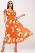Robe de jour longue motif floral encolure en V manches courtes évasées taille ajustable matière fluide femme