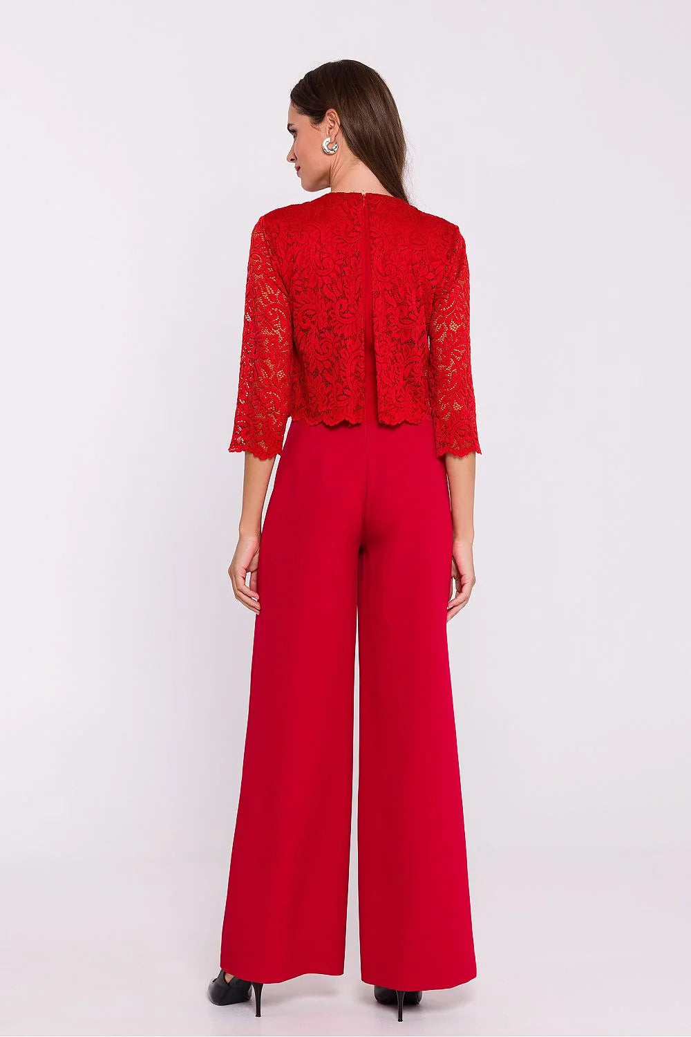 Combinaison dentelle soie rouge vif fleur motif haut manches 3/4 pantalon large femme élégance occasion festive