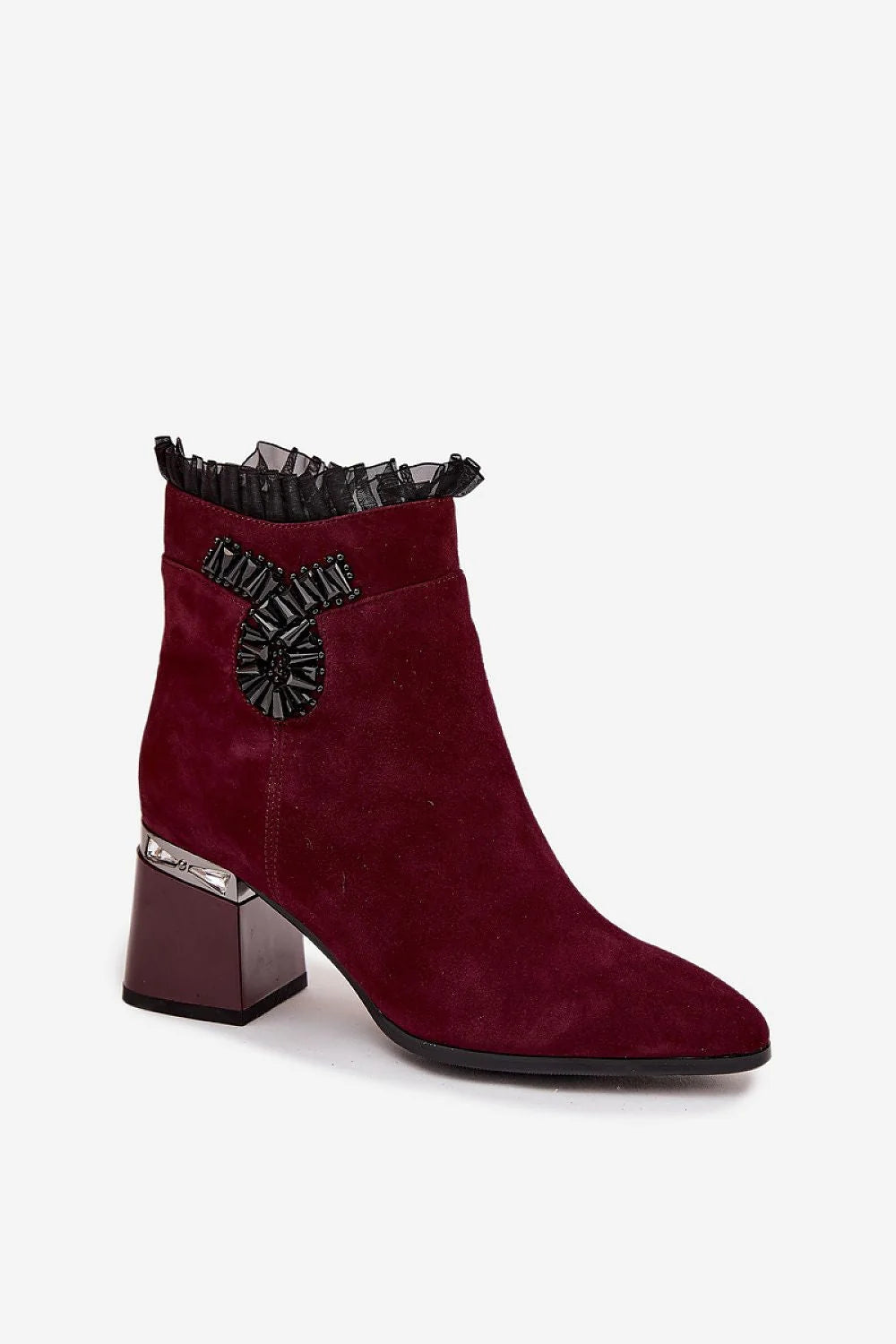 bottines femme suède bordeaux naturel doublure chaude fermeture éclair talon bloc 7cm tige 12cm bout pointu volant plissé