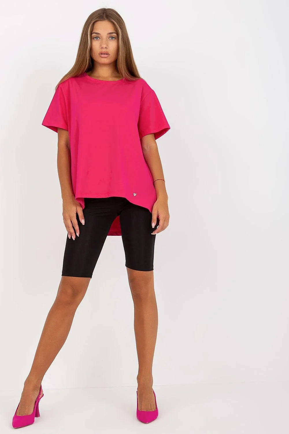 T-shirt femme court manches courtes encolure ronde dos allongé coton elasthanne rose fuchsia logo métallique