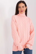 pull femme col roulé tricot torsadé rose poudré oversize manches longues épaules tombantes bords côtes poignets ourlet doux chaud cocooning
