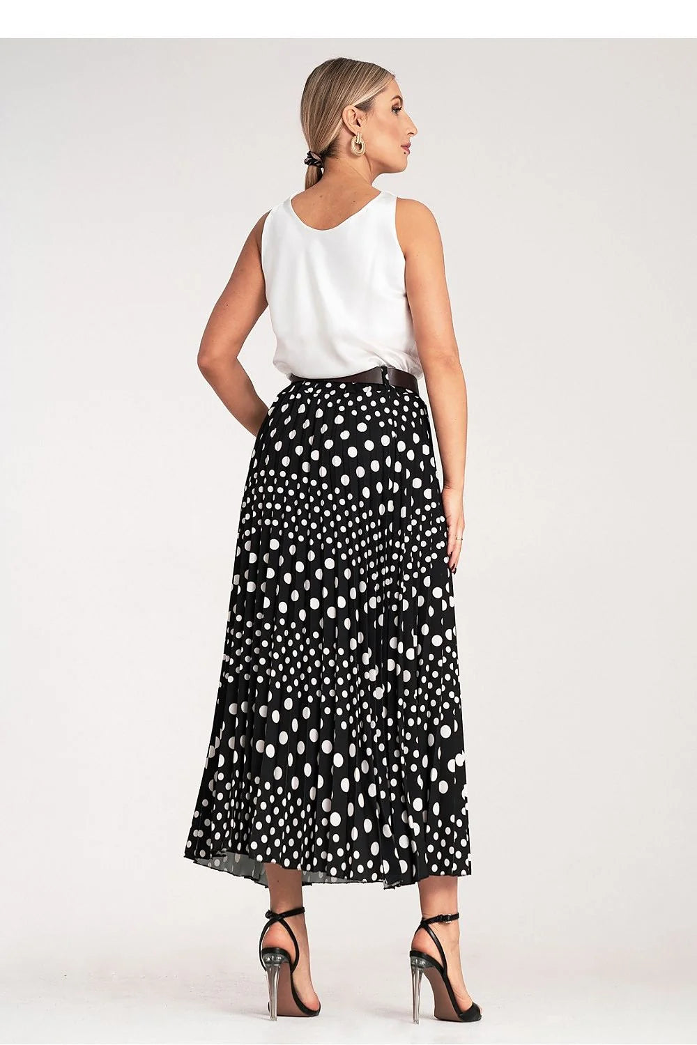 Jupe midi plissée femmes motif pois blancs taille haute ceinture dorée Polyester Élasthanne sortie soirée travail
