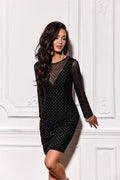 Robe courte audacieuse Roco Fashion maille noire transparente motifs losanges clous argentés manches longues évasées soirée chic femme