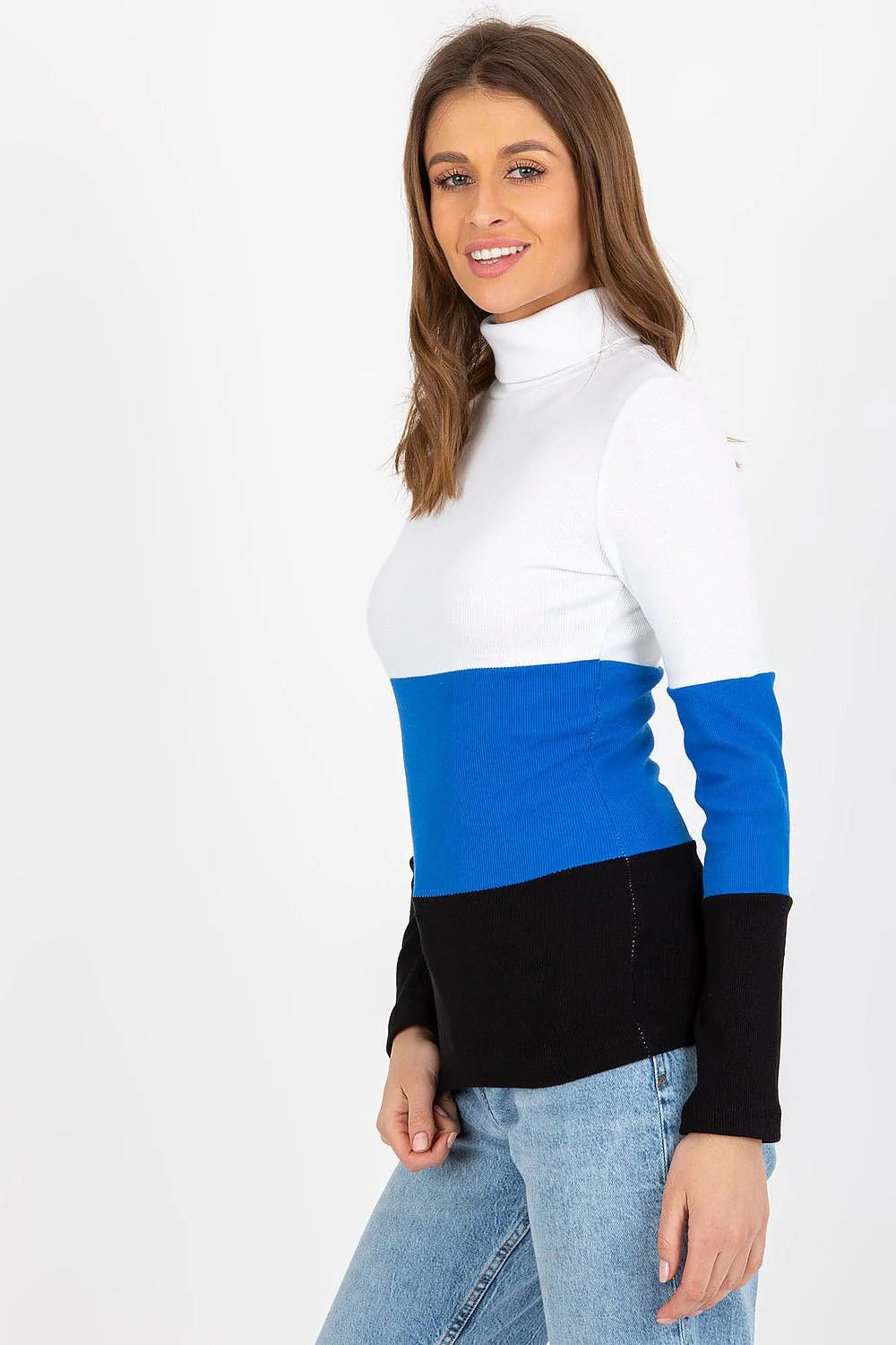 Pull col roulé multicolore maille côtelée coton élasthanne bleu rose vert ajusté manches longues ourlets nets design moderne