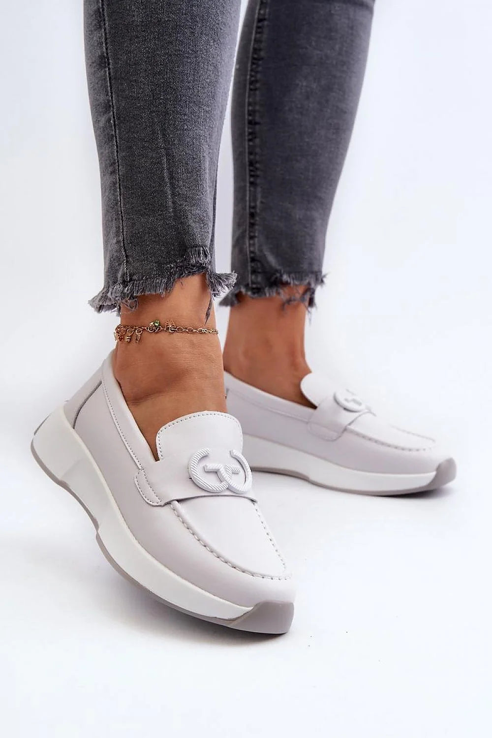 Moccasins pour femme en cuir naturel élégantes minimalistes blancs gris clair plateforme amorti confortable