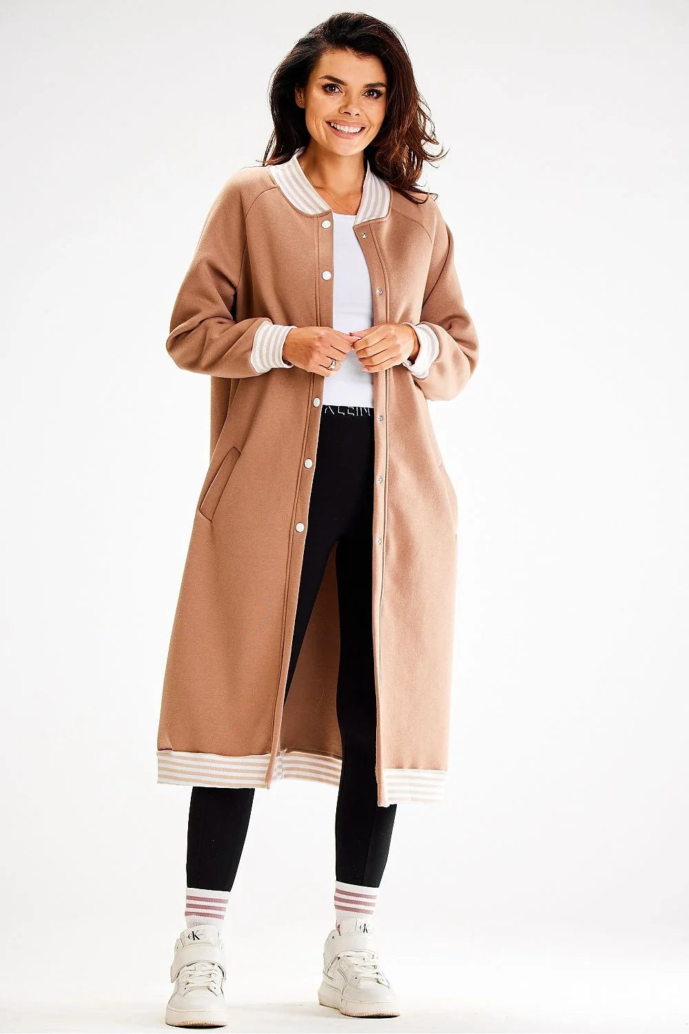 Sweatshirt long pour femme moderne à bandes côtelées, boutons-pression et poches à glissière, en coton élasthanne, taille ajustable