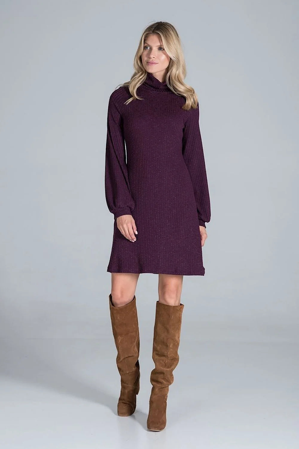 Robe bordeaux en maille côtelée élégante casual manches longues style chic pour femmes modernes