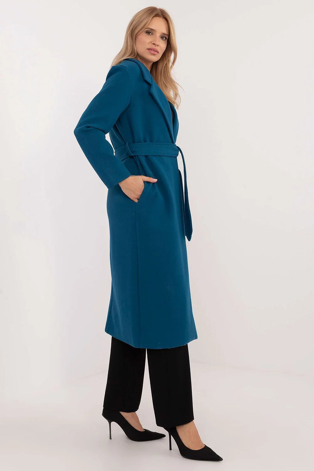 Manteau pour femme élégant long bleu canard design minimaliste col large ceinture ajustable manches longues poches latérales automne printemps