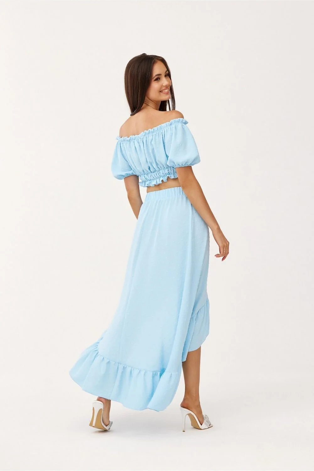 Ensemble Roco Fashion pour femmes chemisier jupe asymétrique épaules nues volants bleu clair coton respirant été décontracté