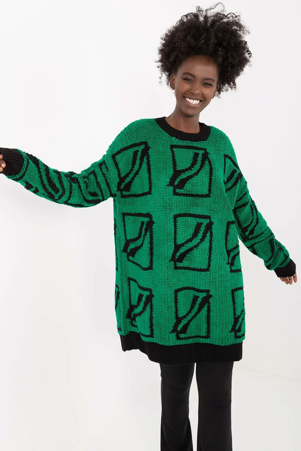 Pull femme Chandail Badu coupe allongée motifs géométriques acrylique laine vert vif manches longues style moderne casual confortable et stylé