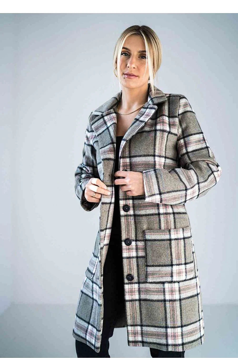 Manteau pour femme élégant à carreaux gris beige noir rose pâle col veste fermeture boutons nylon polyester taille ajustable longueur genou