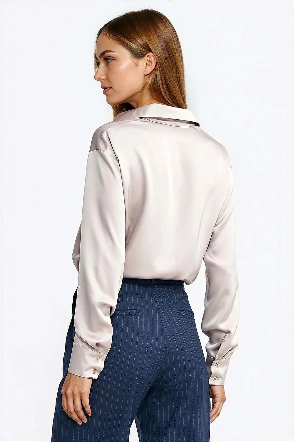 body chemise femme satin manches longues col classique boutonné satinée beige rosé empiècement culotte jersey extensible élastiqué polyvalente