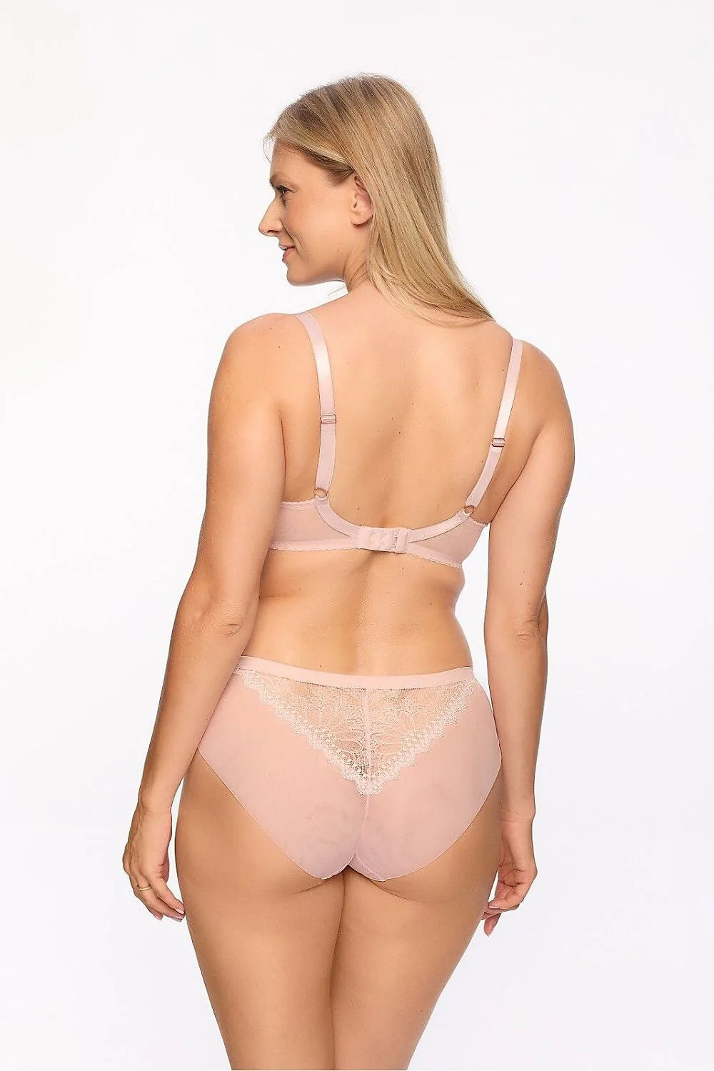 ensemble lingerie élégante dentelle rose poudré soutien gorge balconnet armatures bonnets structurés bretelles réglables bijou central tulle microfibre doublé festonné