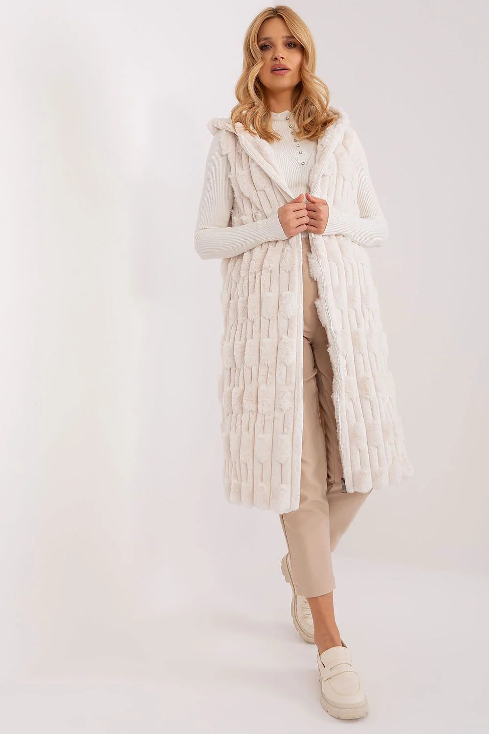 Gilet long élégant pour femmes en fourrure imitation crème sans manches coupe droite capuche large occasionnels formels