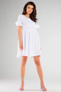Robe de jour Infinite You été trapeze blanc tissu élastique coton 92% elasthanne 8% respirant manches courtes volants encolure ronde Pologne taille S/M-L/XL