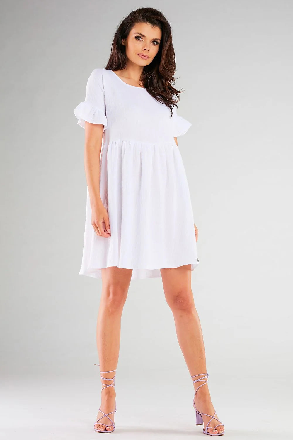 Robe de jour Infinite You été trapeze blanc tissu élastique coton 92% elasthanne 8% respirant manches courtes volants encolure ronde Pologne taille S/M-L/XL
