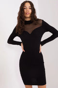 Robe de soirée élégante manches longues col rond en tulle noir maille côtelée bodycon femme