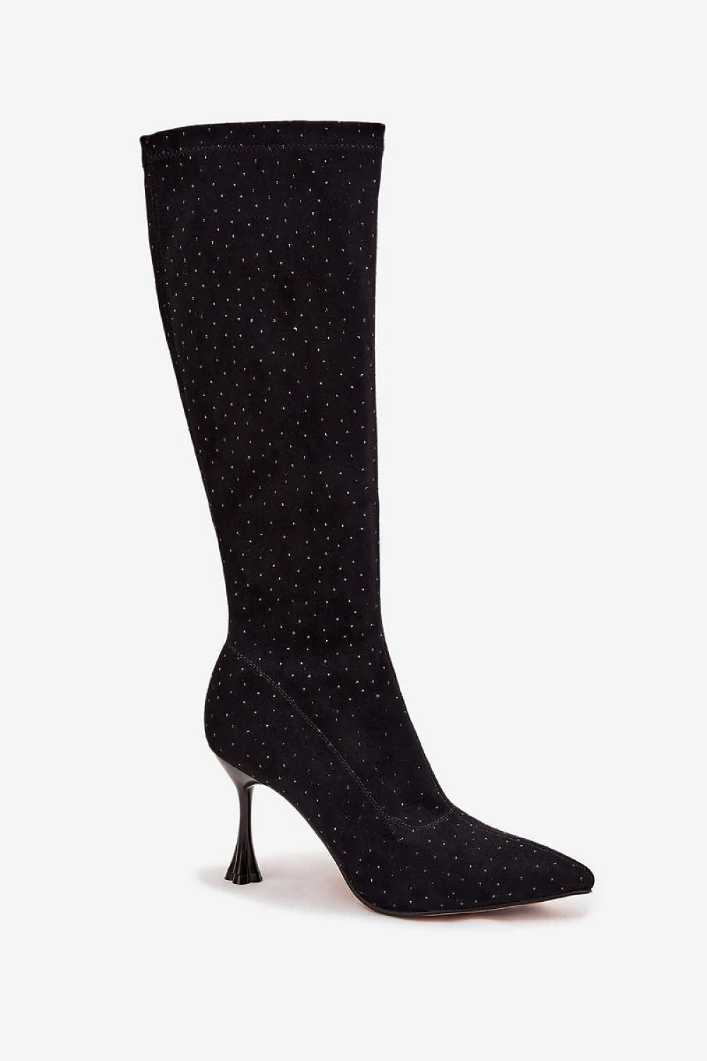 bottes femme suédine douce noire talon aiguille sculpté tige ajustée genou microstrass scintillant bout pointu fermeture éclair soirée élégante