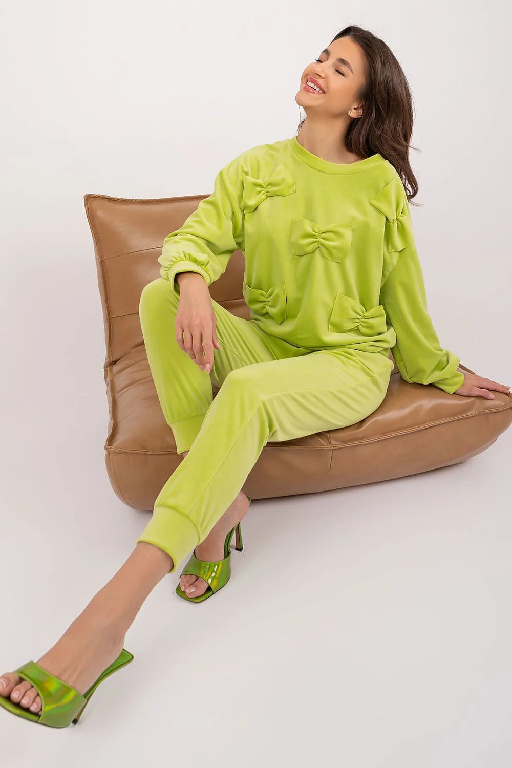 Ensemble Italy Moda pour femmes en velours vert citron, style décontracté, nœuds décoratifs, deux-pièces, élégant, occasion quotidienne, sandales assorties