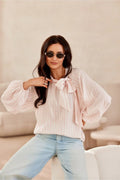 chemisier manches longues bouffantes nœud décoratif viscose polyester léger respirant fluide coupe ample rayures fines blanc rose pâle femme