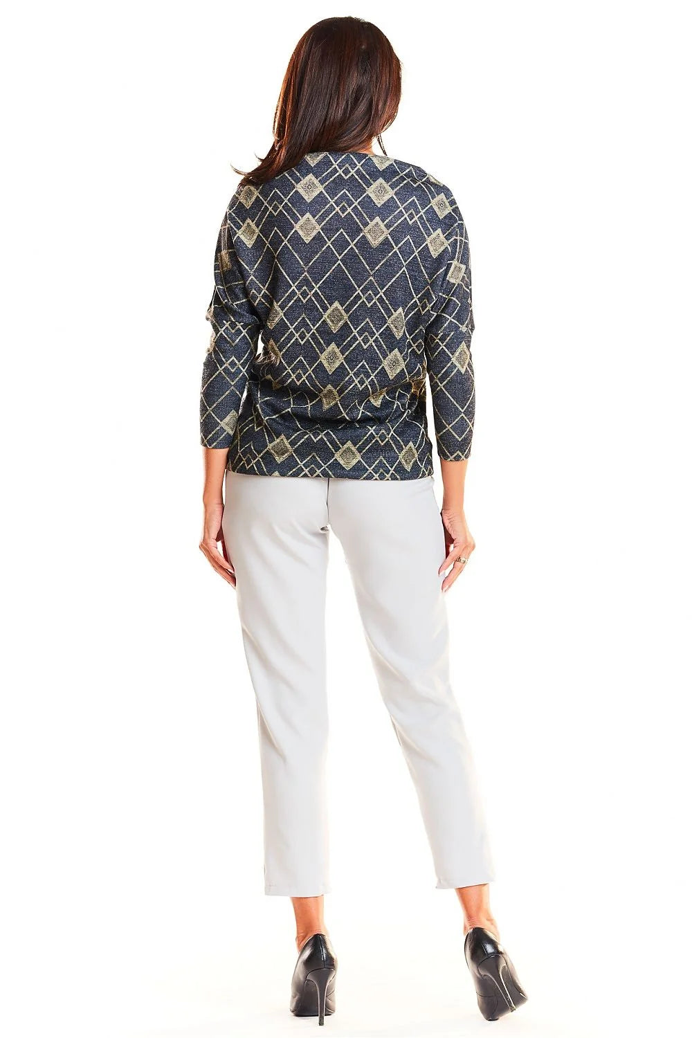 Pull bleu marine motifs dorés géométriques élégant ample confortable idéal femmes modernes style décontracté