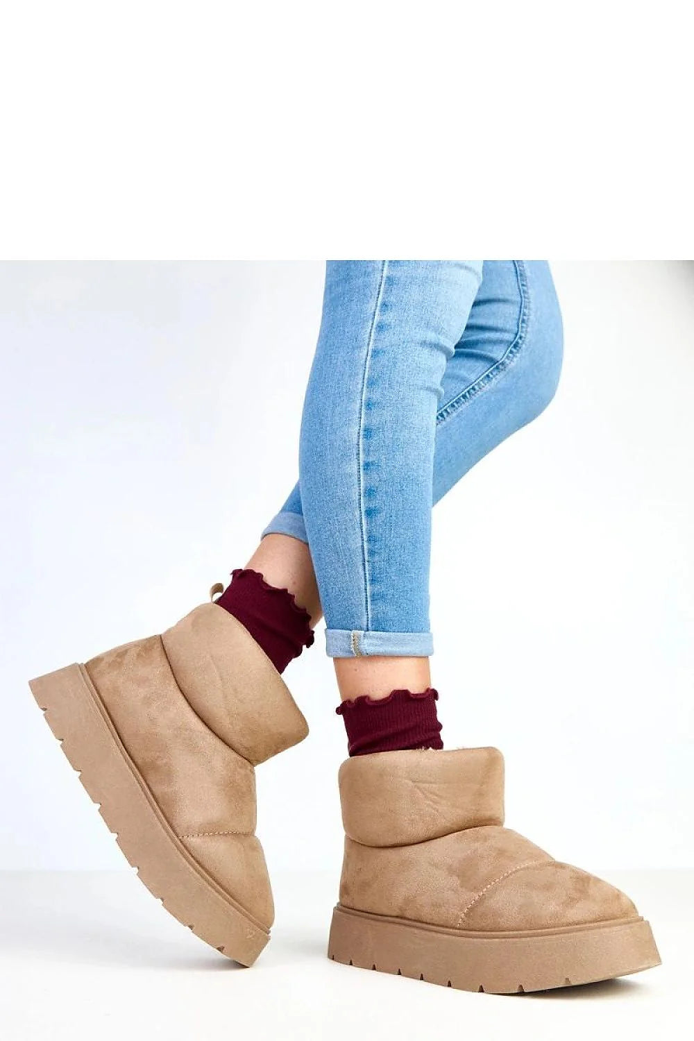 bottines femme cheville suédine camel taupe bout rond plateforme basse 4cm semelle crantée gomme doublure fausse fourrure douce confortable