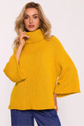 pull col roulé oversize coupe boxy maille grosse tricot moelleux laine mélangée jaune moutarde manches trois quarts évasées cloche