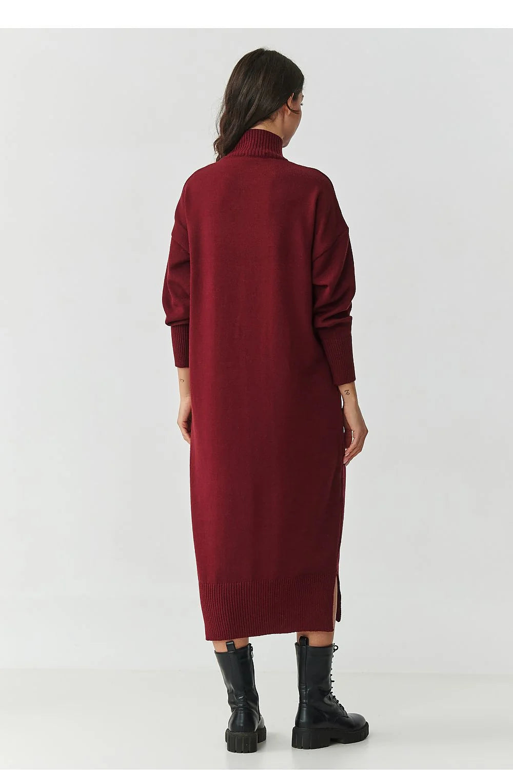robe pull midi col montant manches longues oversize maille bordeaux viscose pbt nylon côtelée fentes latérales